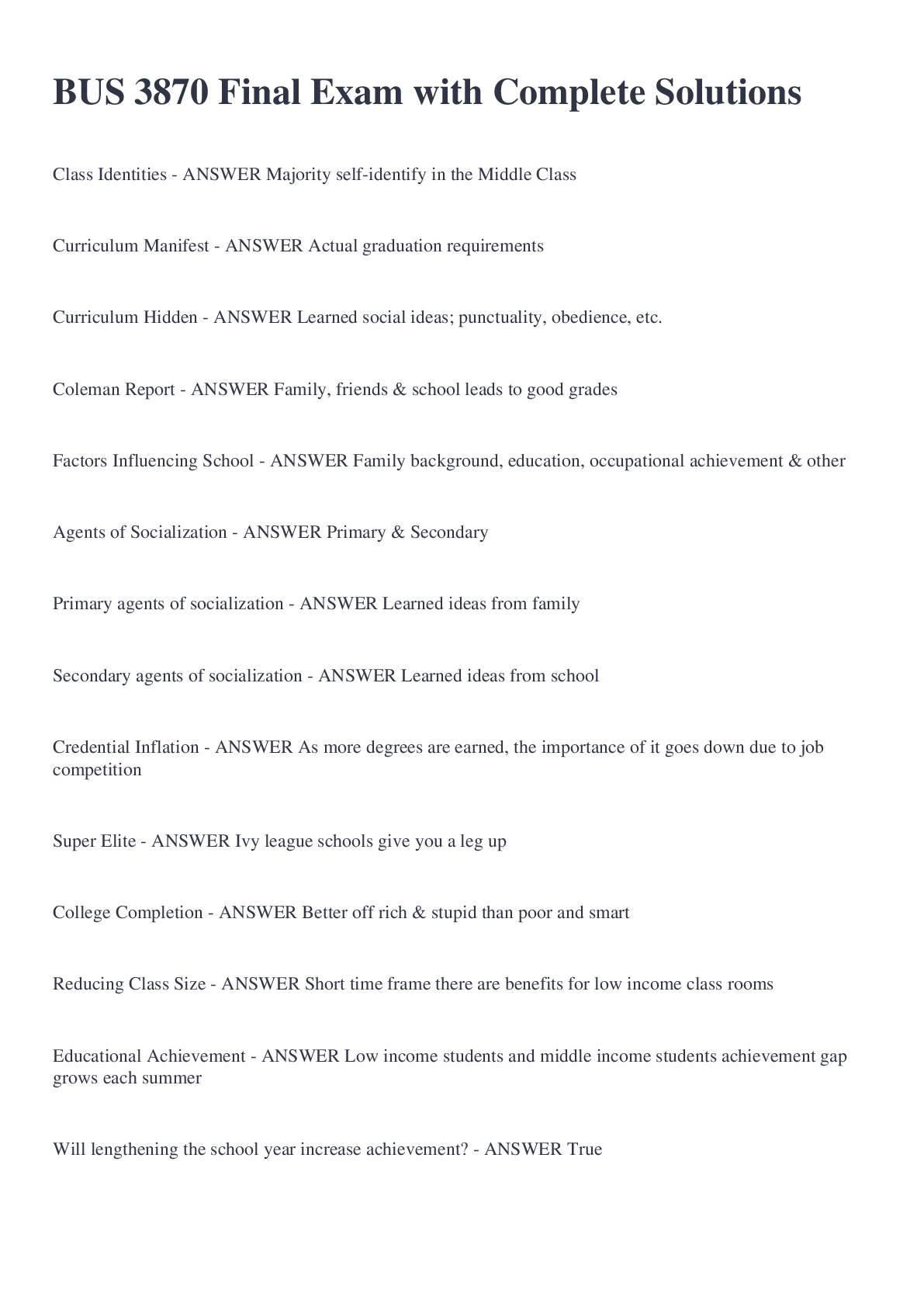 Preview image for BUS 3870 Final Exam with Complete Solutions